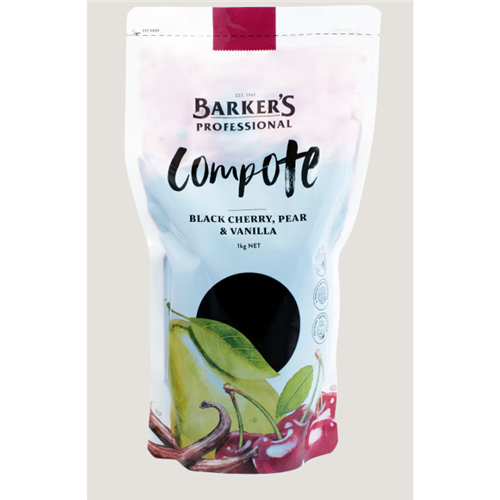 BARKER'S 1KG BLK CHERRY, PEAR & VANILLA COMPOTE